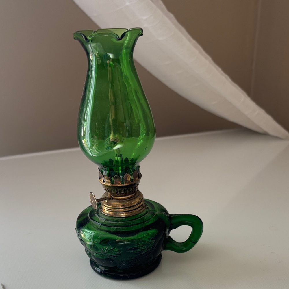 Vintage Green Glass Oil Lamp